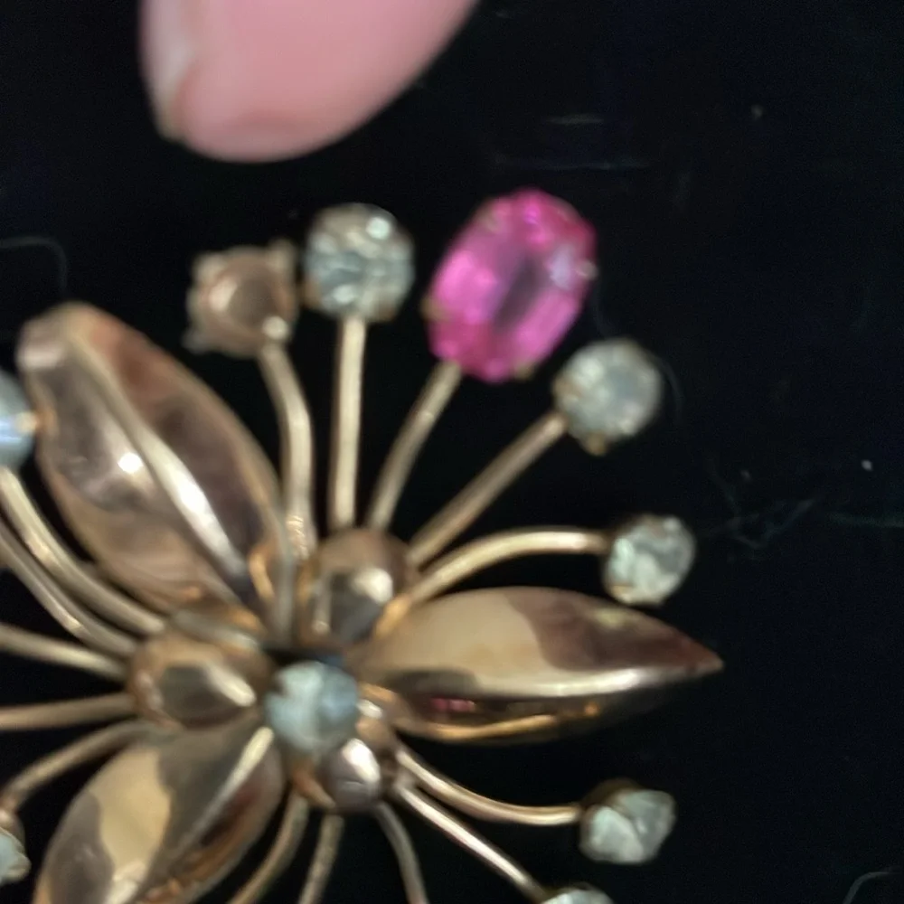 Vintage 10K filled  Gold and Pink rhinestone Floral Brooch